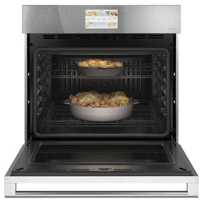 Cafe Modern Glass 30 inch Smart Compatible Single Electric Wall Oven with Air Fry True Convection and Self + Steam Cleaning ( Platinum Glass )