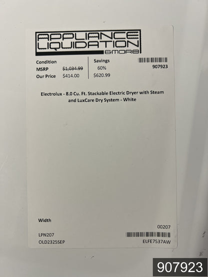 Electrolux Extra Large Stackable Steam Cycle Vented Electric Dryer ( White ) Energy Star Certified