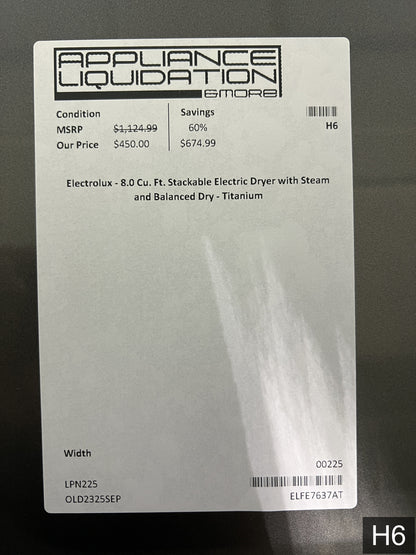 Electrolux Extra Large Stackable Steam Cycle Vented Electric Dryer ( Titanium ) Energy Star Certified