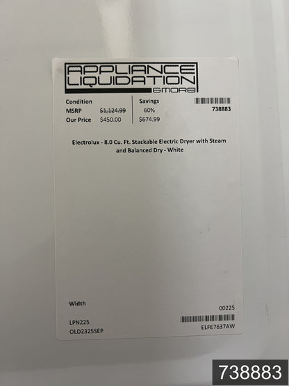 Electrolux Extra Large Stackable Steam Cycle Vented Electric Dryer ( White ) Energy Star Certified