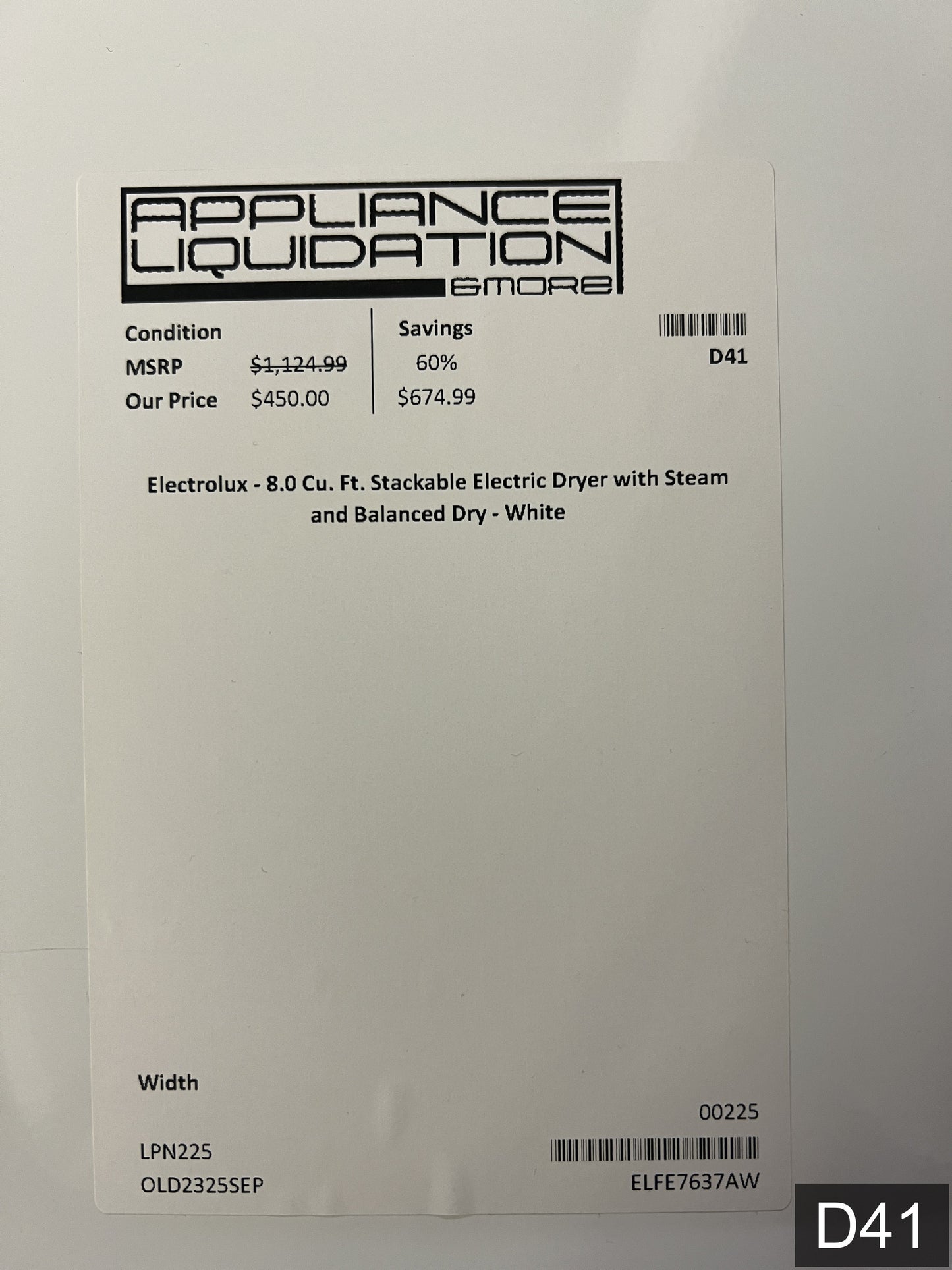 Electrolux Extra Large Stackable Steam Cycle Vented Electric Dryer ( White ) Energy Star Certified