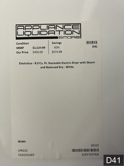 Electrolux Extra Large Stackable Steam Cycle Vented Electric Dryer ( White ) Energy Star Certified