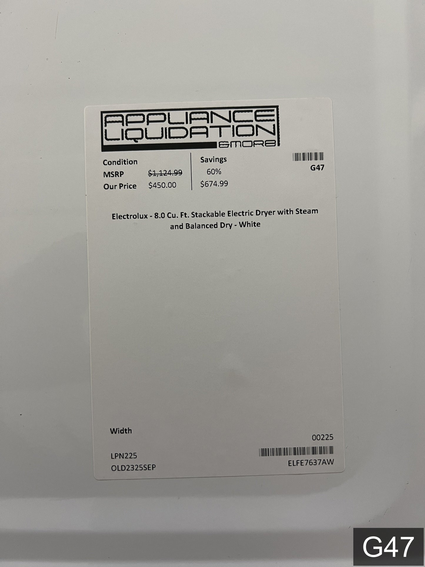 Electrolux Extra Large Stackable Steam Cycle Vented Electric Dryer ( White ) Energy Star Certified