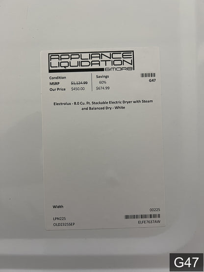 Electrolux Extra Large Stackable Steam Cycle Vented Electric Dryer ( White ) Energy Star Certified