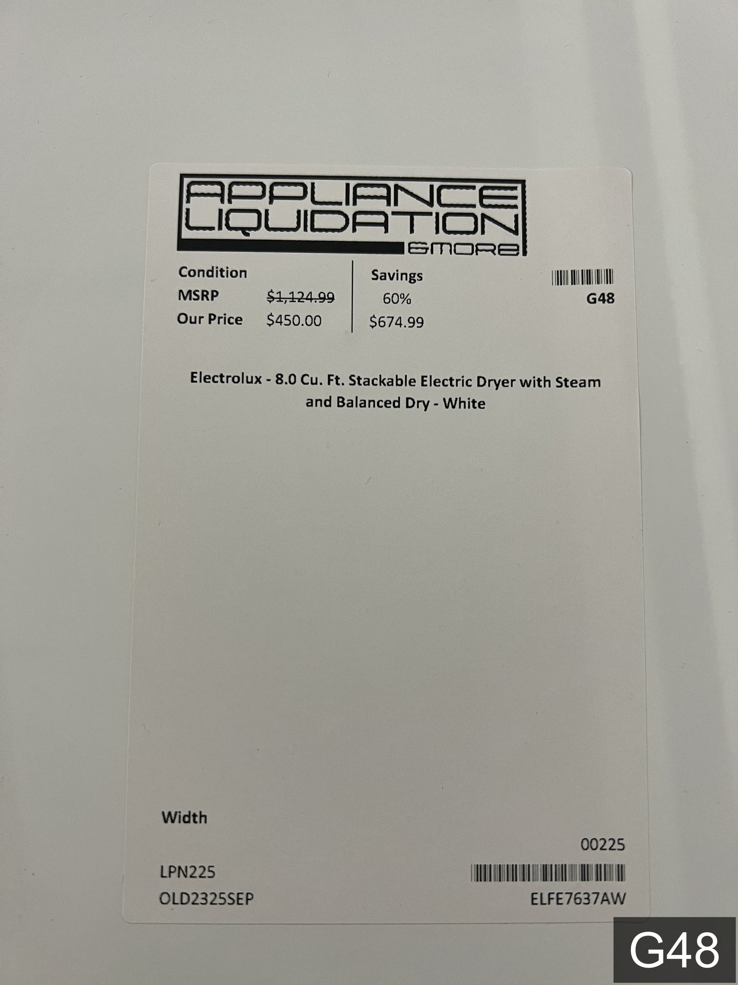 Electrolux Extra Large Stackable Steam Cycle Vented Electric Dryer ( White ) Energy Star Certified