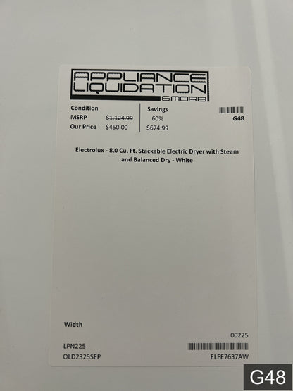 Electrolux Extra Large Stackable Steam Cycle Vented Electric Dryer ( White ) Energy Star Certified