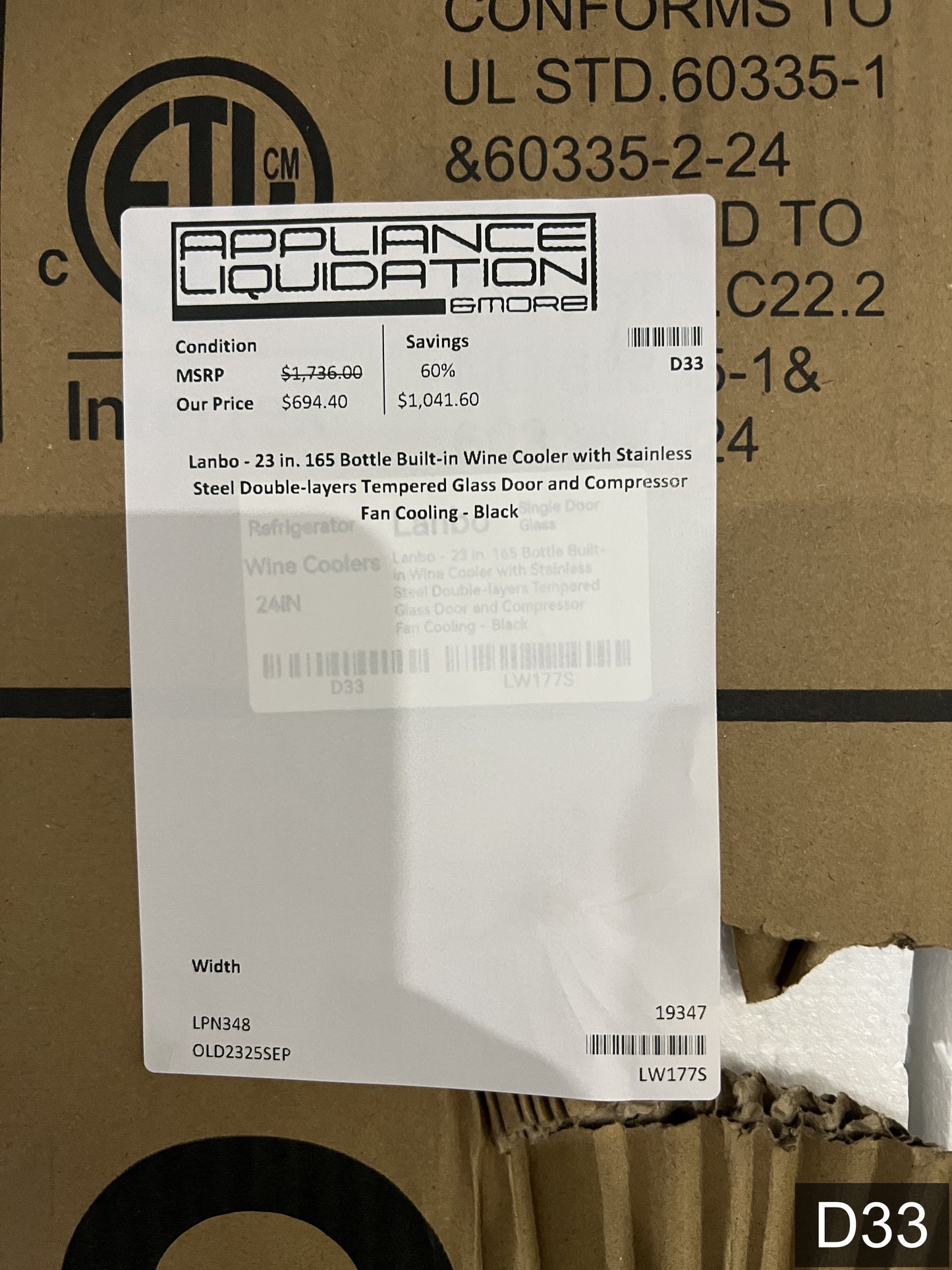 LANBO 23.4-in W 165 -Bottles Black, stainless steel Built-in Indoor Wine Cooler