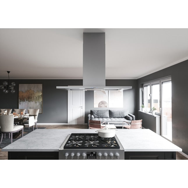 Zephyr 36 inch Convertible 600-CFM Stainless Steel + Glass Island Range Hood